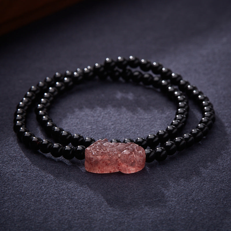 Black Agate Double-loop Strawberry Quartz Pixiu Bracelet