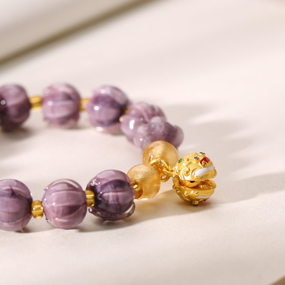Purple Glazed Lotus Bud Bell Charm Bracelet
