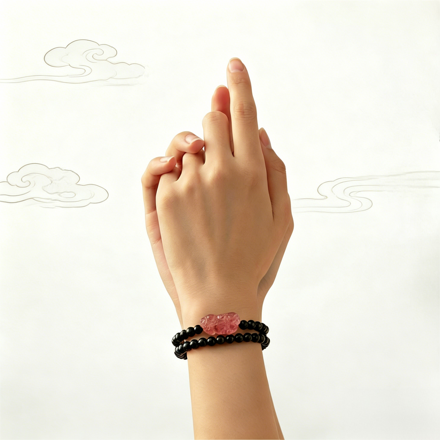 Black Agate Double-loop Strawberry Quartz Pixiu Bracelet