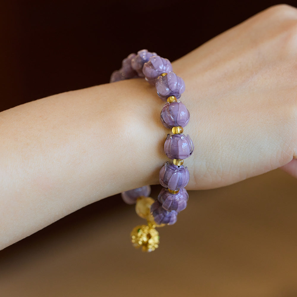 Purple Glazed Lotus Bud Bell Charm Bracelet