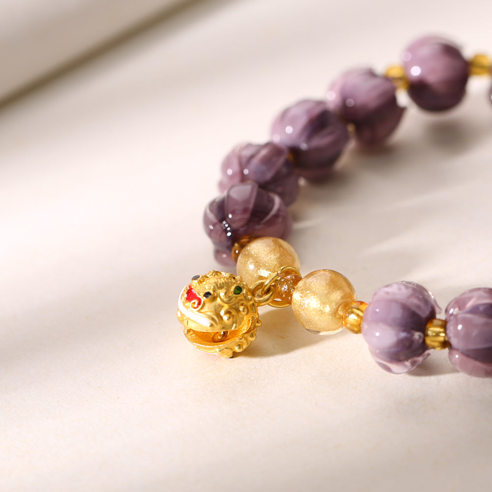 Purple Glazed Lotus Bud Bell Charm Bracelet