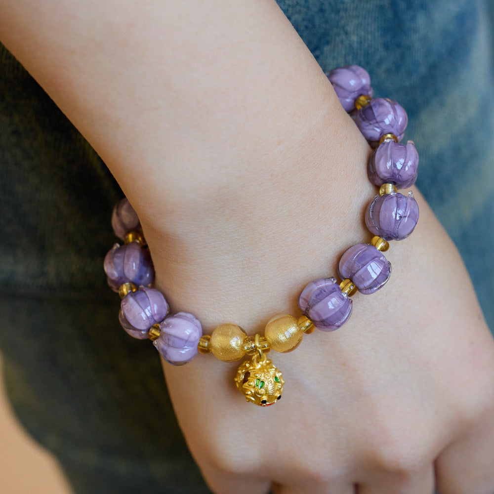 Purple Glazed Lotus Bud Bell Charm Bracelet