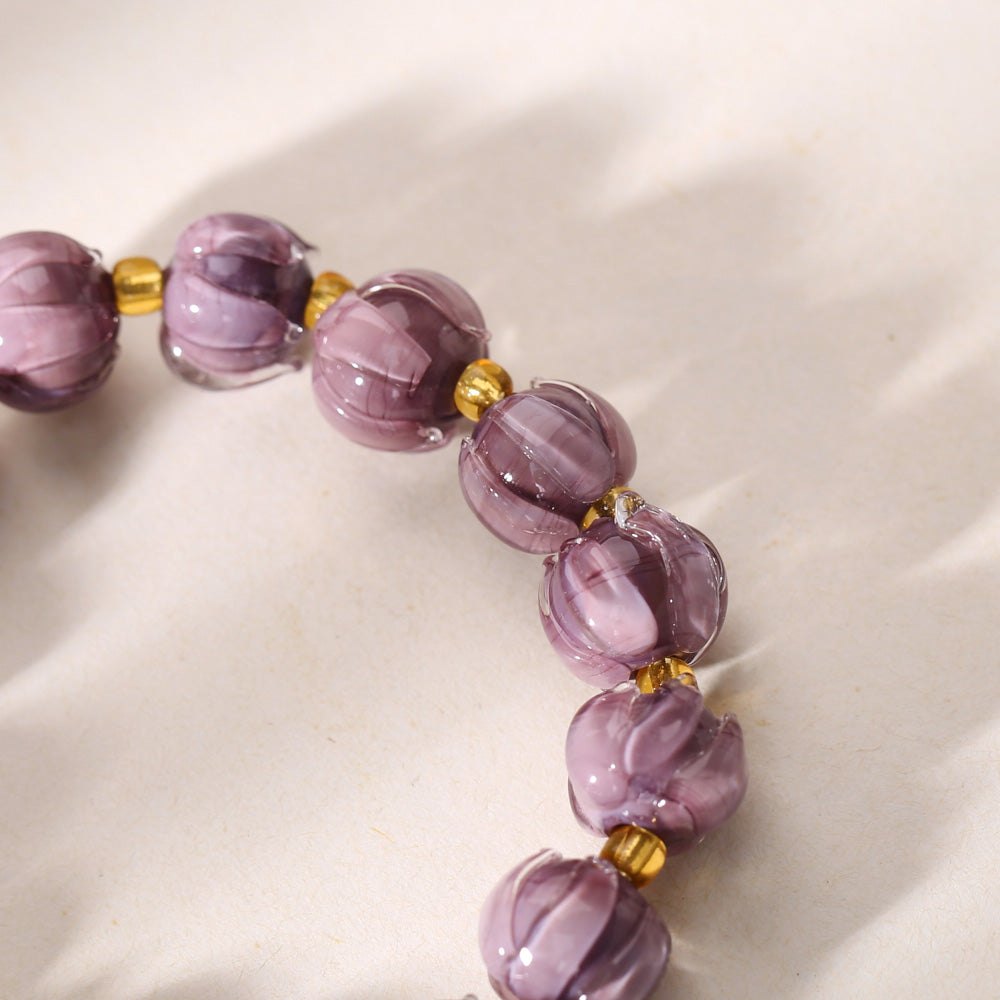 Purple Glazed Lotus Bud Bell Charm Bracelet