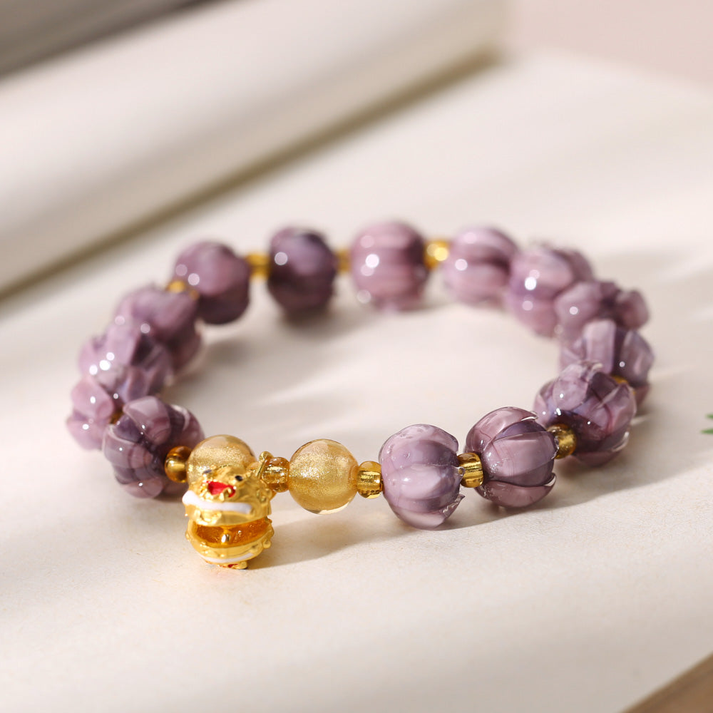 Purple Glazed Lotus Bud Bell Charm Bracelet