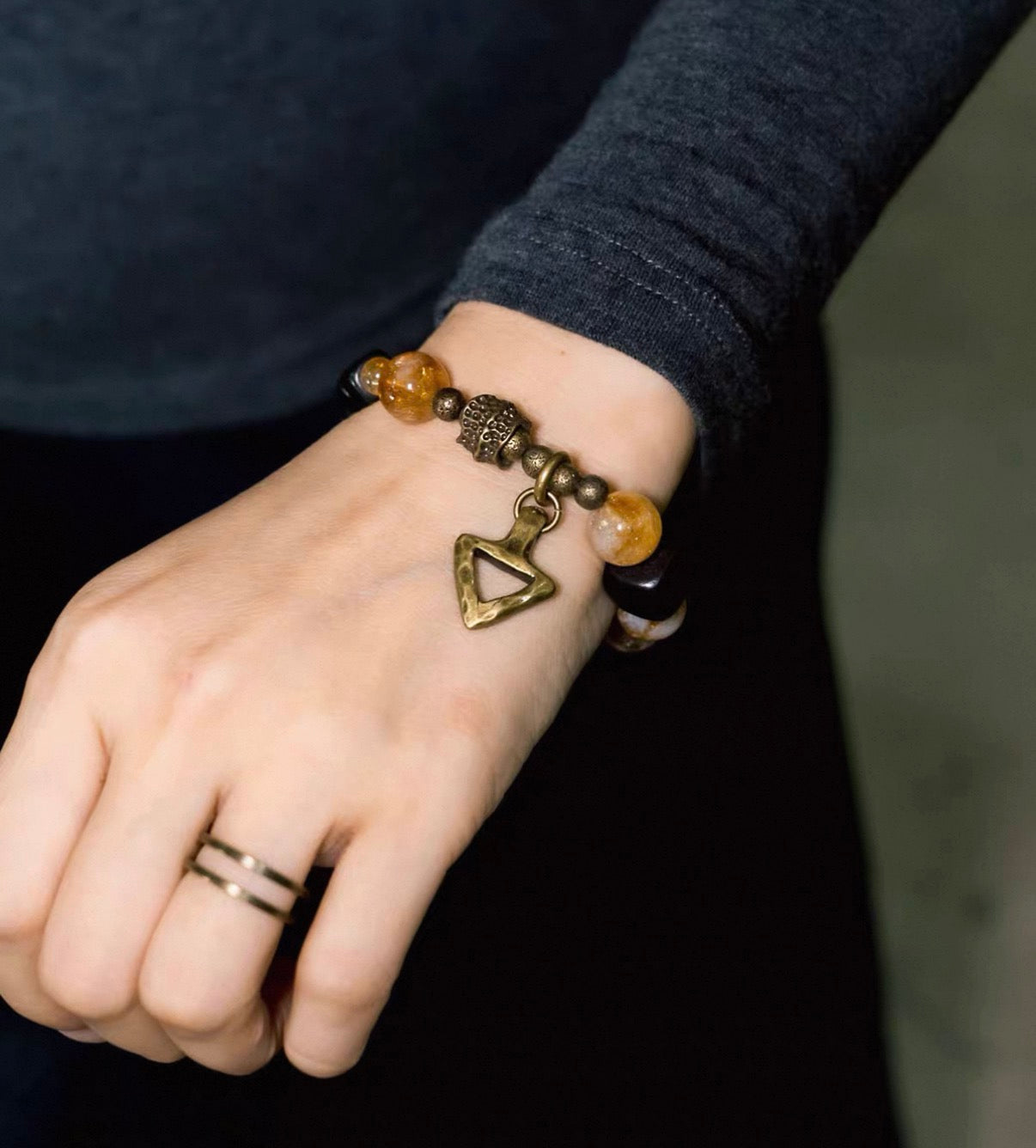 Natural Citrine & Black Ebony Wood Beaded Bracelet