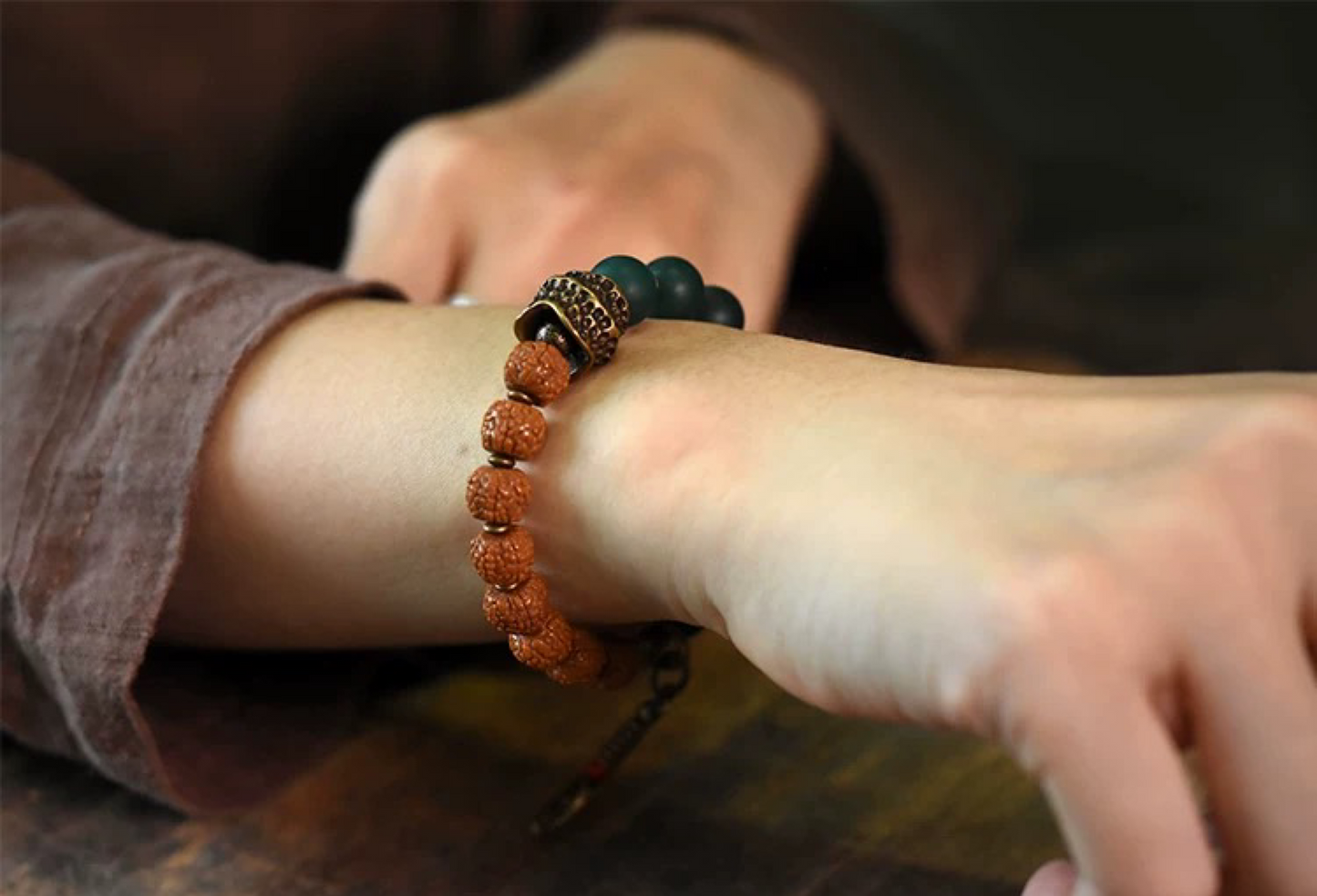 Matte Green Agate & Rudraksha Bodhi Bracelet
