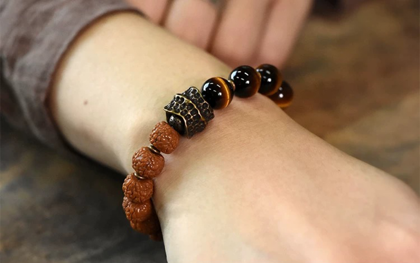 Golden Tiger Eye & Rudraksha Beaded Bracelet