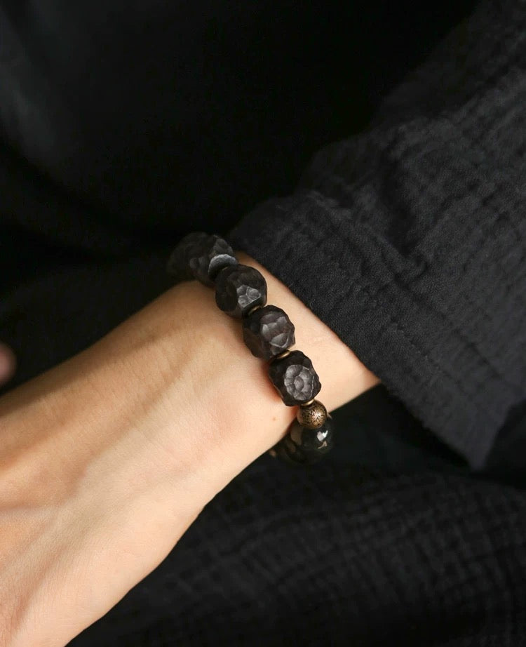 Raw Black Ebony Wood & Polished Obsidian Bracelet