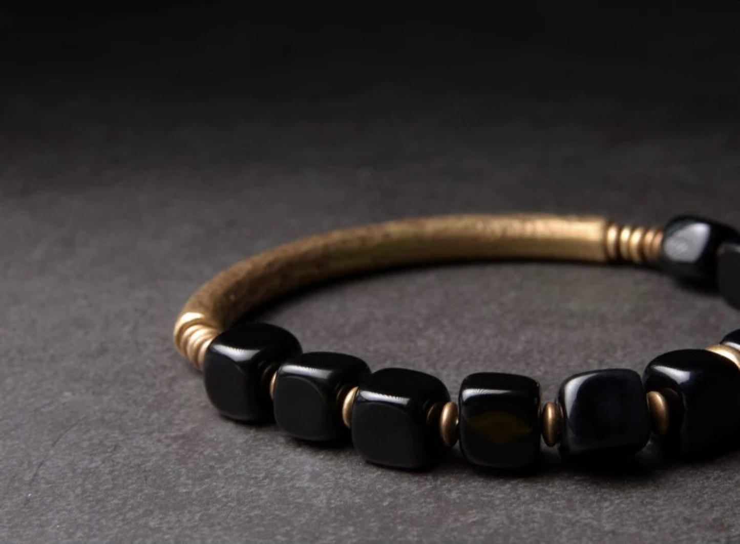 Obsidian & Brass Minimalist Bangle