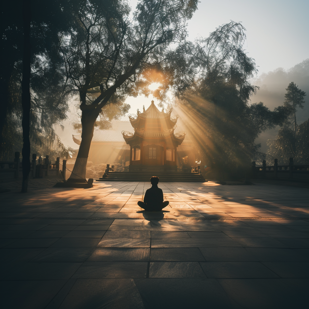 A quiet Taoist temple courtyard at sunrise