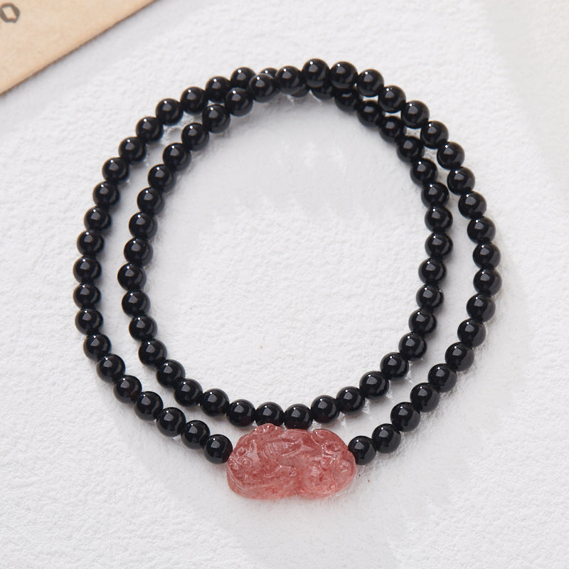 Black Agate Double-loop Strawberry Quartz Pixiu Bracelet