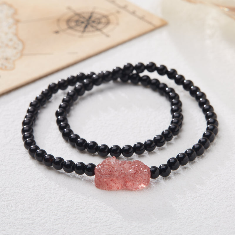 Black Agate Double-loop Strawberry Quartz Pixiu Bracelet
