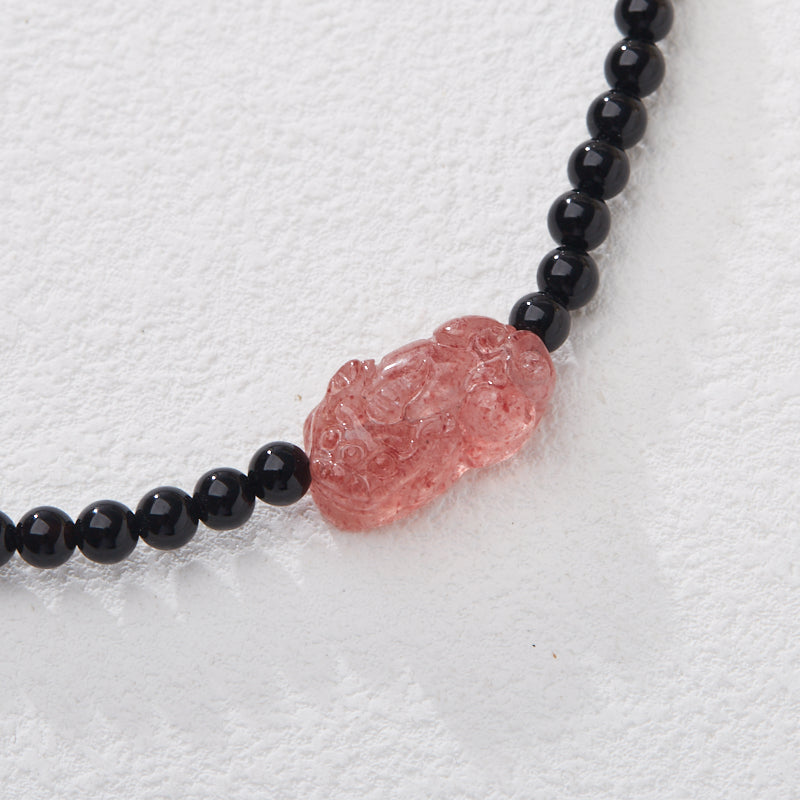 Black Agate Double-loop Strawberry Quartz Pixiu Bracelet