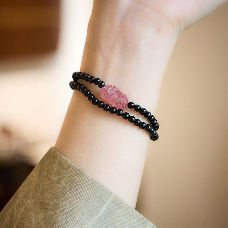 Black Agate Double-loop Strawberry Quartz Pixiu Bracelet