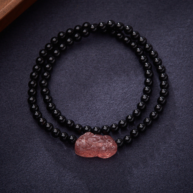 Black Agate Double-loop Strawberry Quartz Pixiu Bracelet