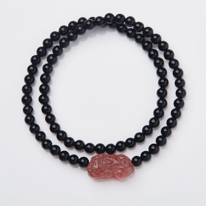 Black Agate Double-loop Strawberry Quartz Pixiu Bracelet
