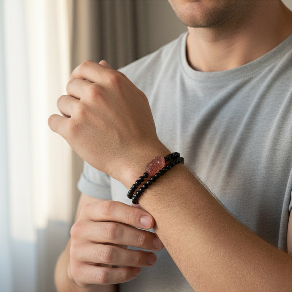 Black Agate Double-loop Strawberry Quartz Pixiu Bracelet