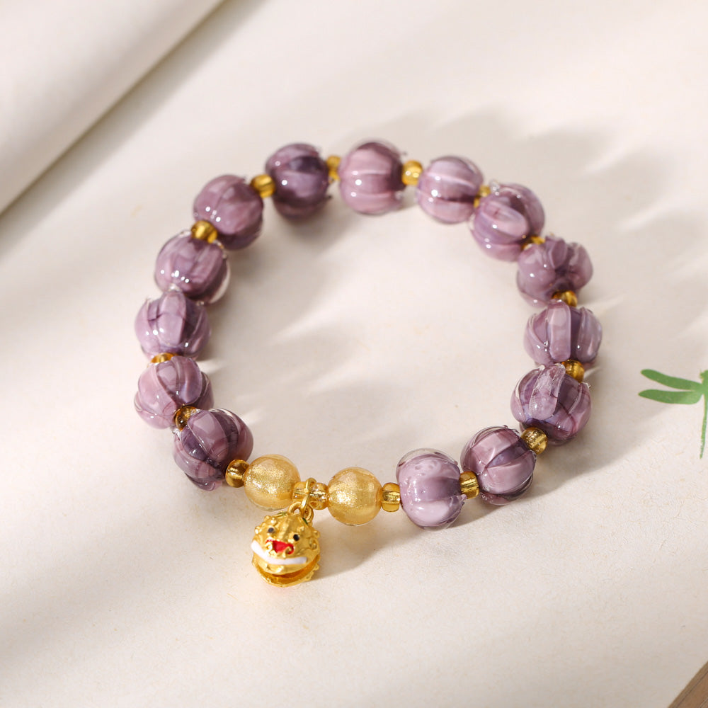 Purple Glazed Lotus Bud Bell Charm Bracelet