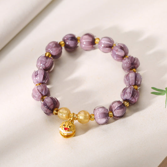 Purple Glazed Lotus Bud Bell Charm Bracelet
