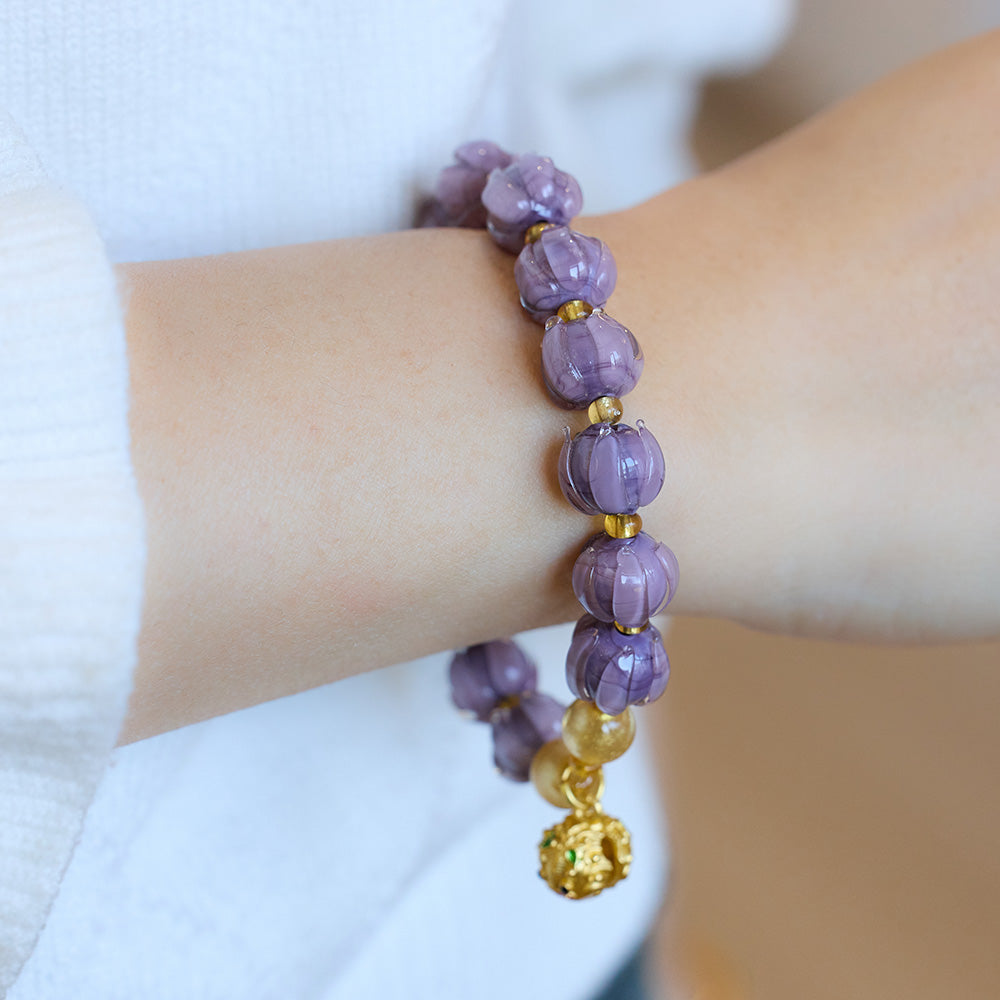 Purple Glazed Lotus Bud Bell Charm Bracelet