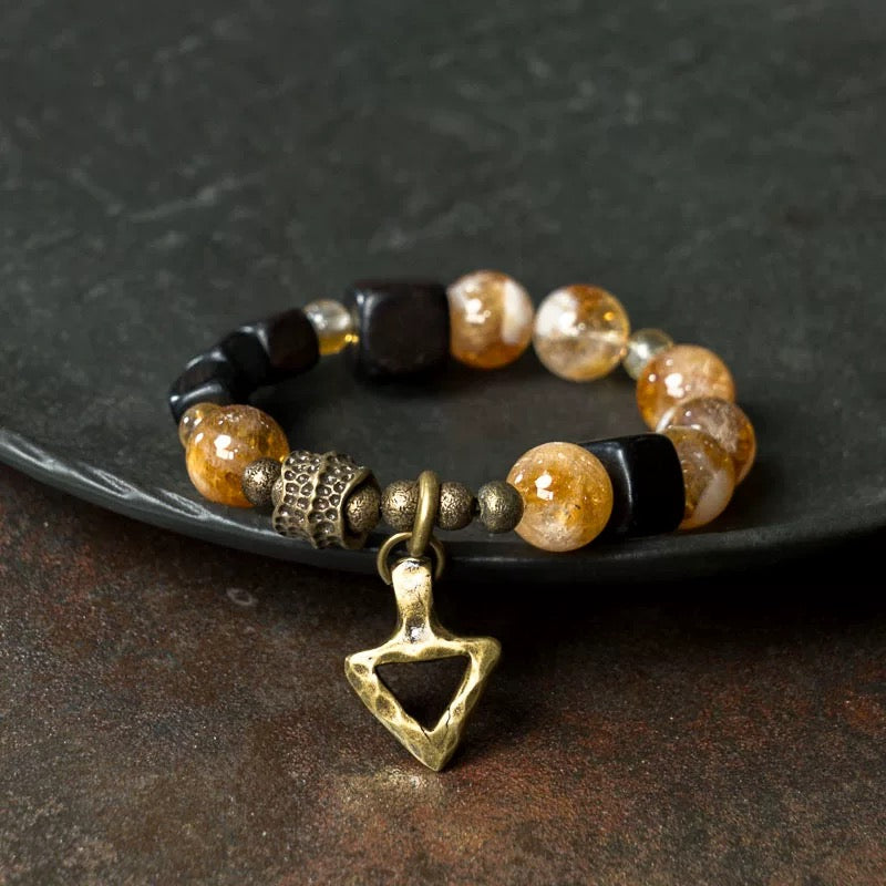 Natural Citrine & Black Ebony Wood Beaded Bracelet