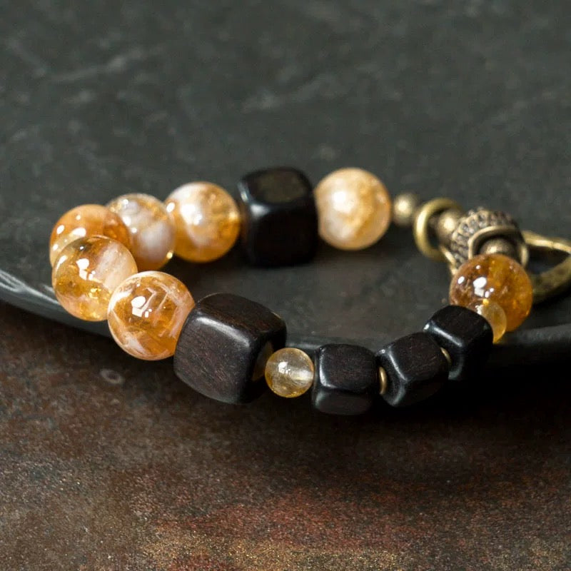 Natural Citrine & Black Ebony Wood Beaded Bracelet