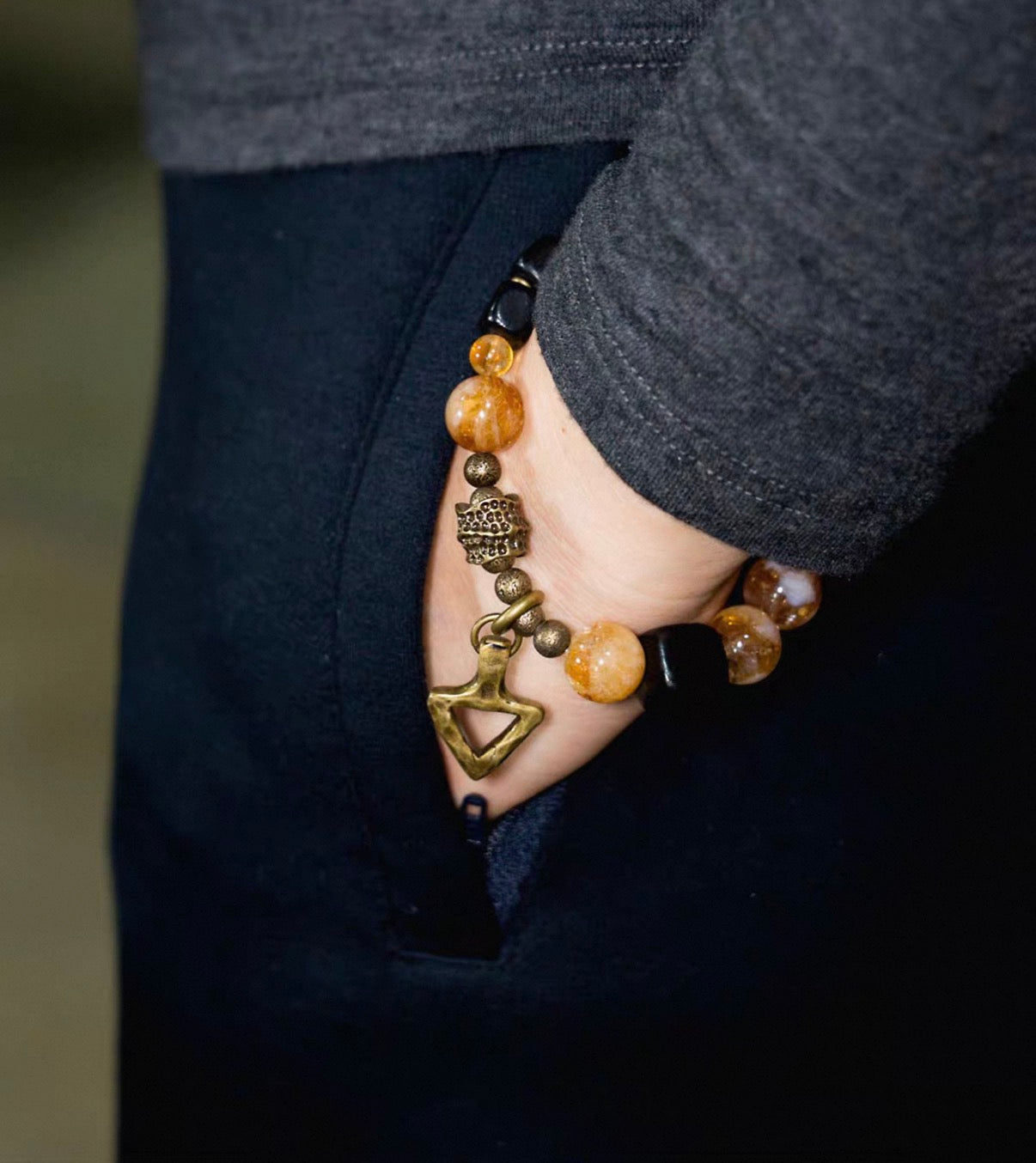 Natural Citrine & Black Ebony Wood Beaded Bracelet