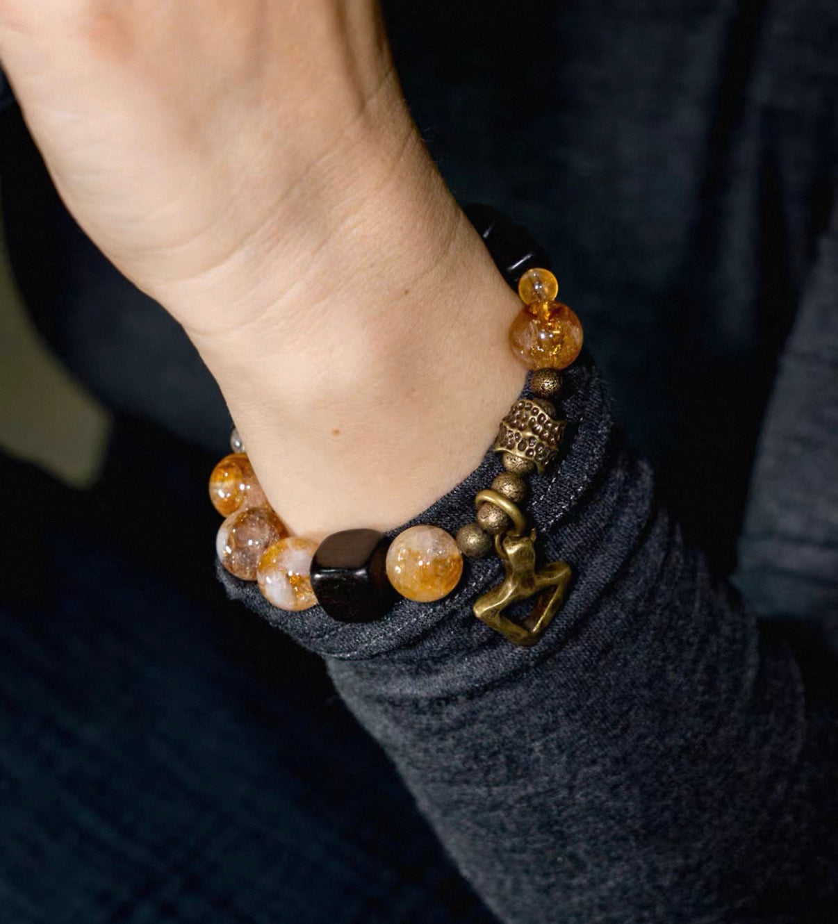 Natural Citrine & Black Ebony Wood Beaded Bracelet