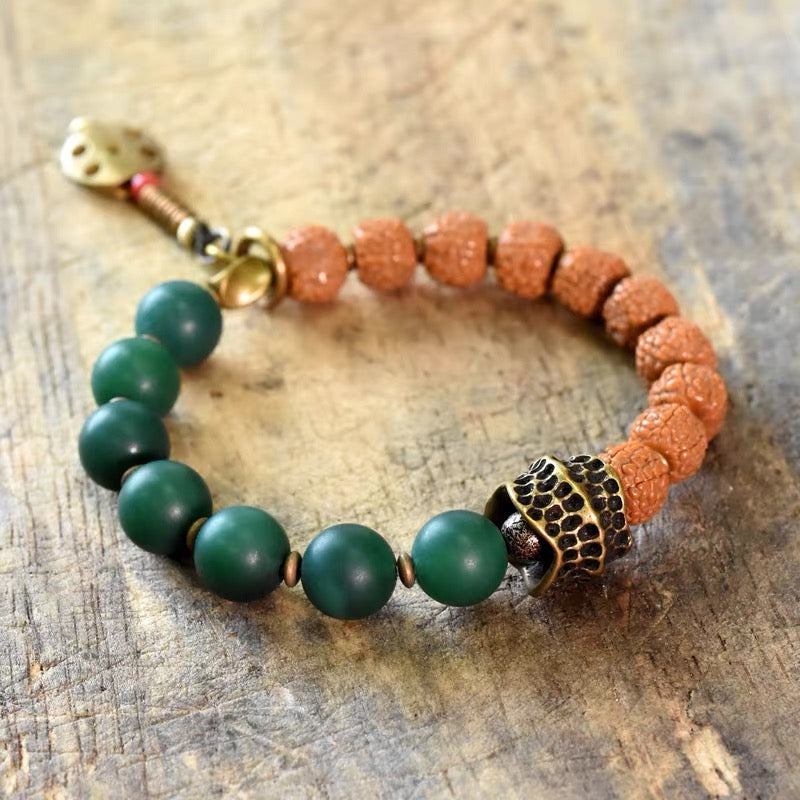 Matte Green Agate & Rudraksha Bodhi Bracelet