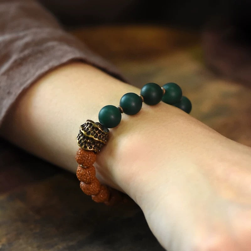 Matte Green Agate & Rudraksha Bodhi Bracelet