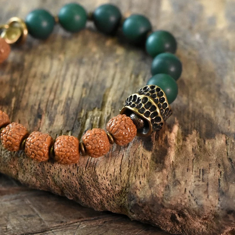 Matte Green Agate & Rudraksha Bodhi Bracelet