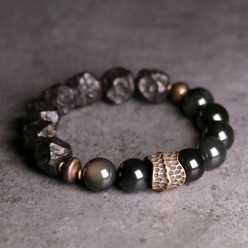 Raw Black Ebony Wood & Polished Obsidian Bracelet