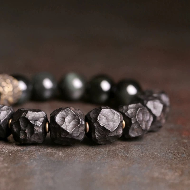Raw Black Ebony Wood & Polished Obsidian Bracelet