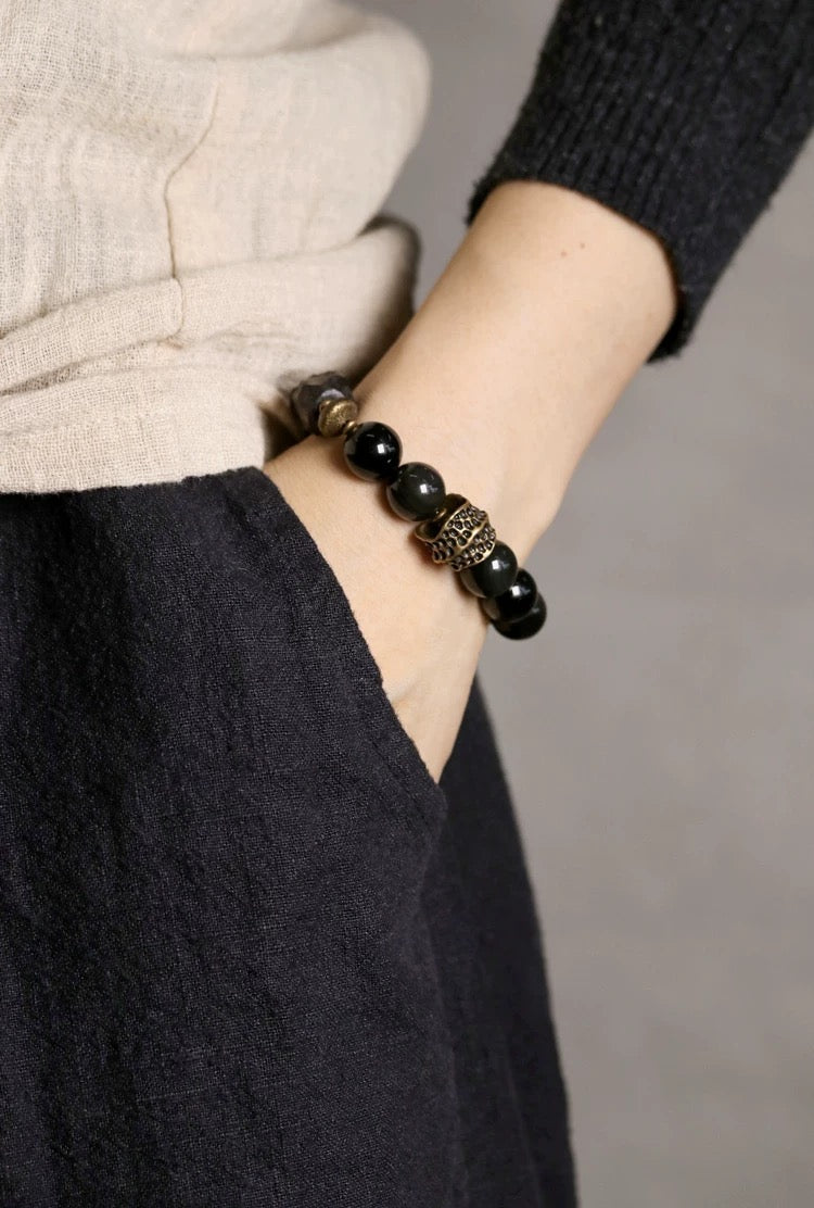 Raw Black Ebony Wood & Polished Obsidian Bracelet