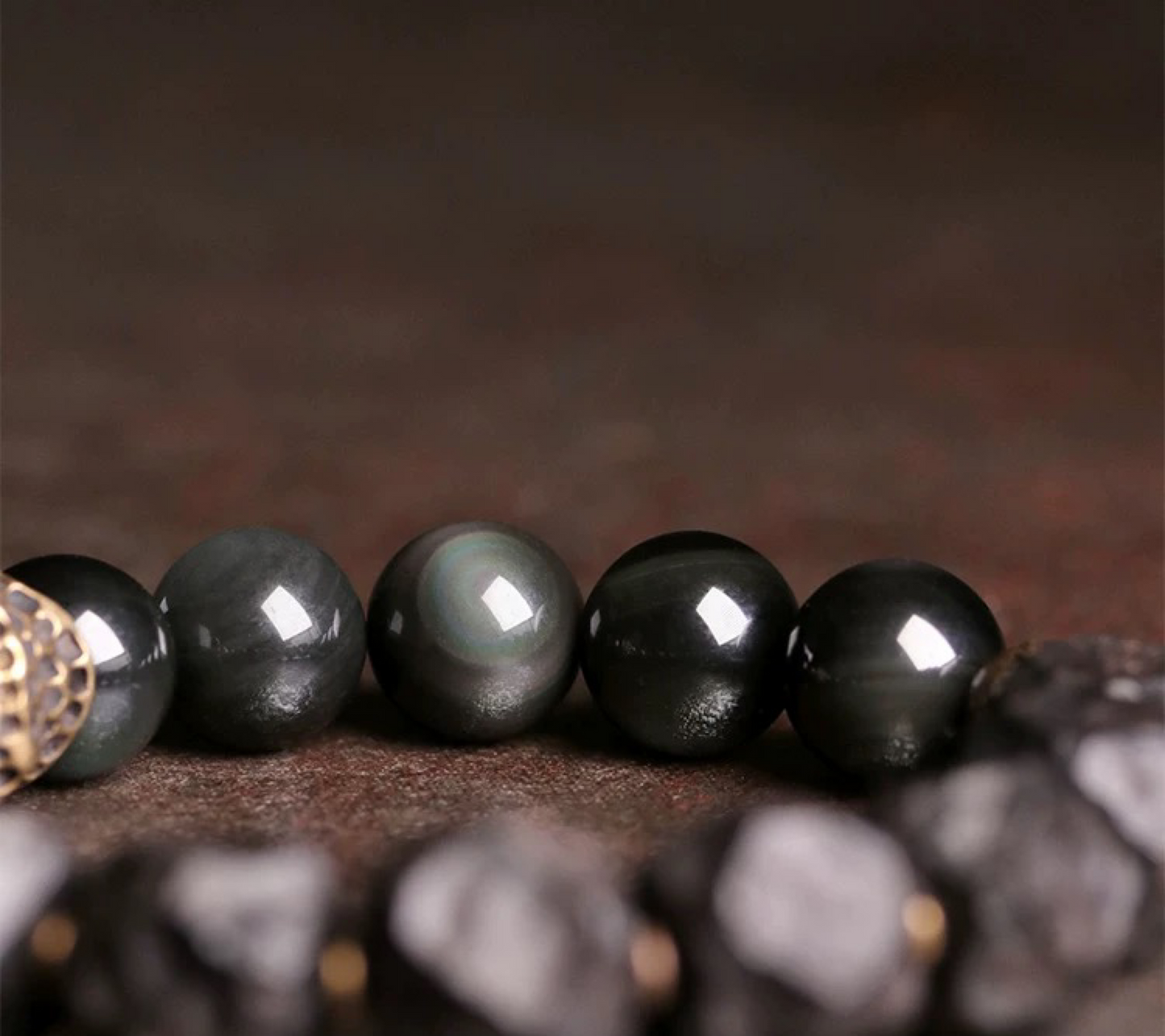 Raw Black Ebony Wood & Polished Obsidian Bracelet