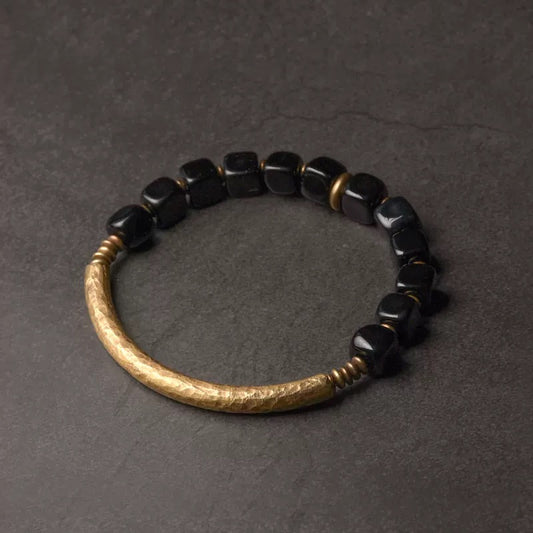 Obsidian & Brass Minimalist Bangle