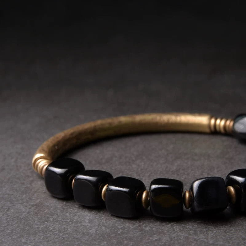 Obsidian & Brass Minimalist Bangle