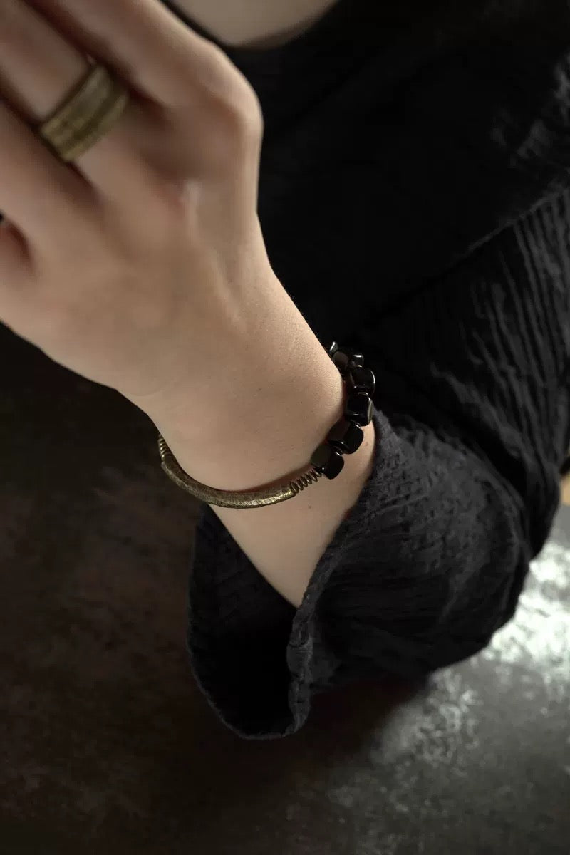 Obsidian & Brass Minimalist Bangle