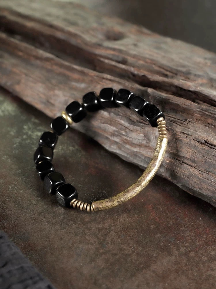 Obsidian & Brass Minimalist Bangle